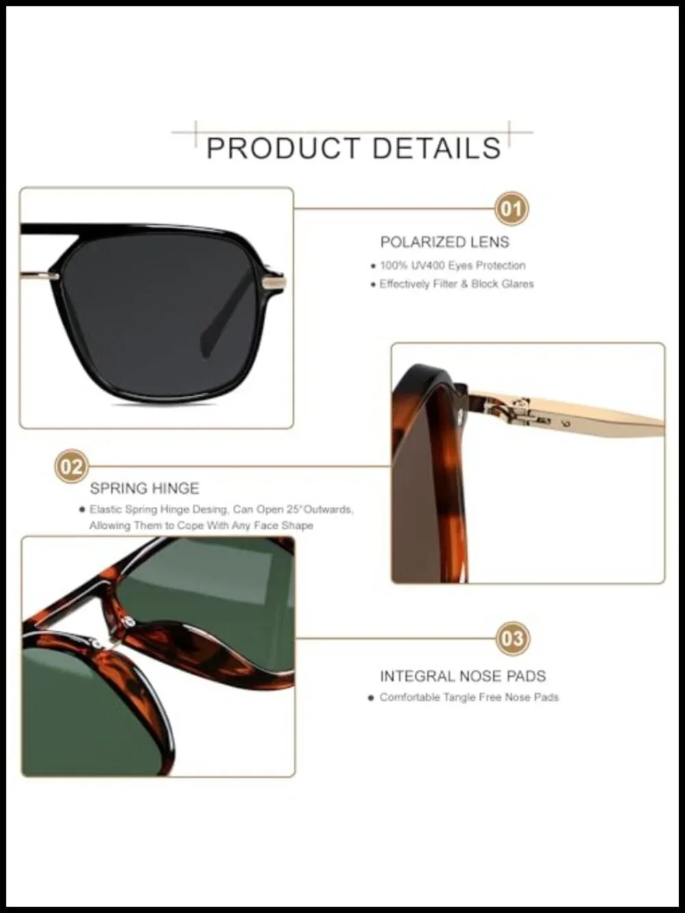 Polarized Square Aviator Sunglasses UV400 Retro Double Bridge Sun Glasses